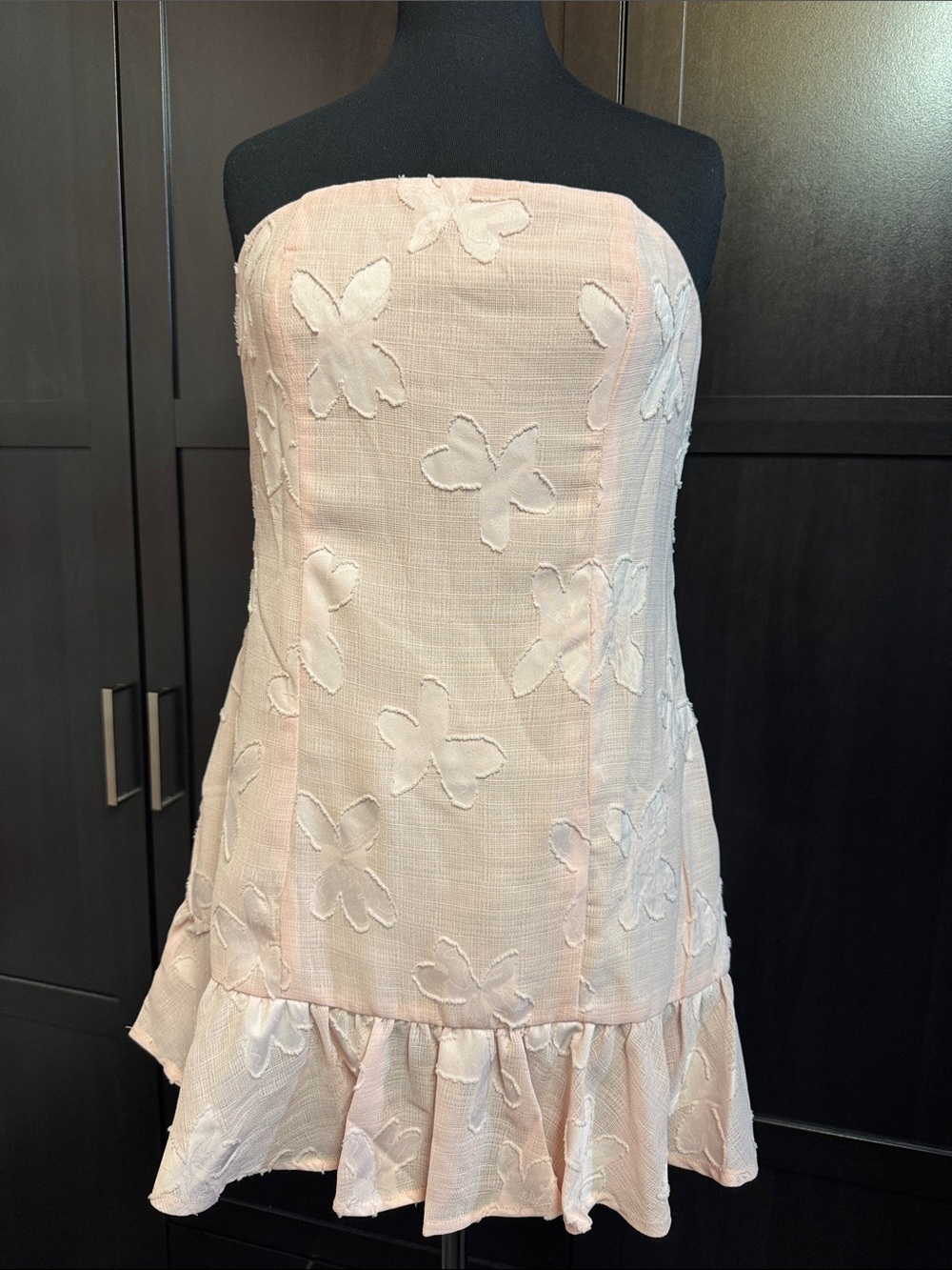 Peppermayo Strapless Pale Pink Floral Appliqué Ruffle Dress